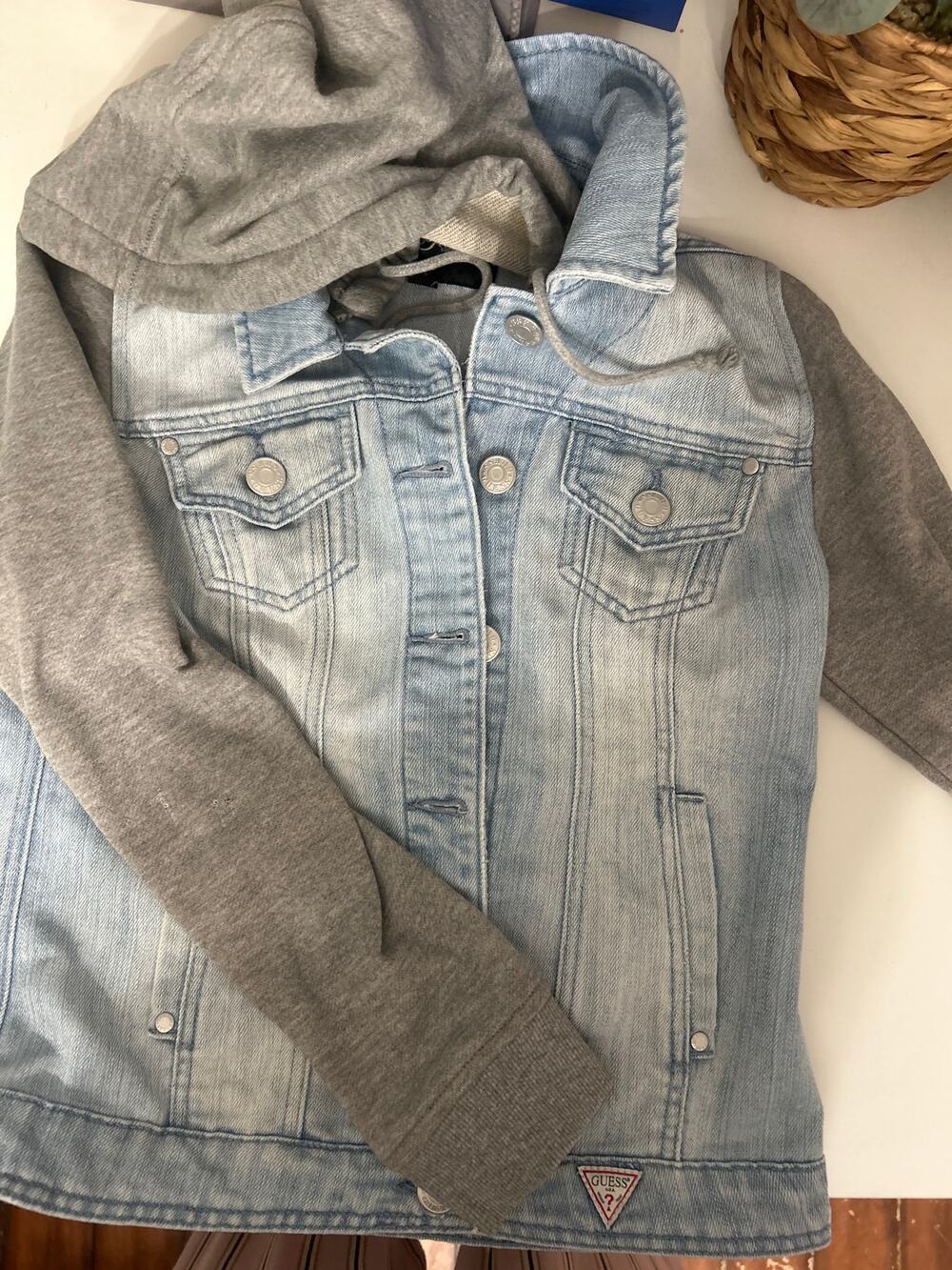 GUESS Y2K Ice Blue Wash Distressed Denim Jean jacket M Faded hooded Grunge 90s